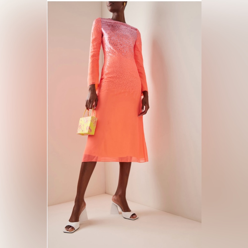 Halpern Ombré Sequined Long Sleeve Midi Dress, Size 4, NWT